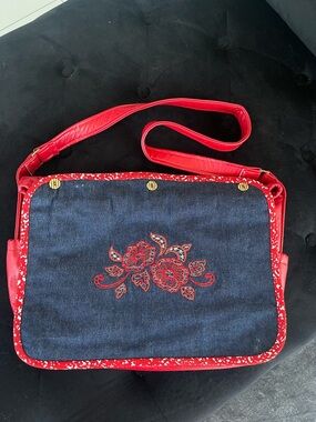 Denim Crossbody Bag with Red Floral Embroidery